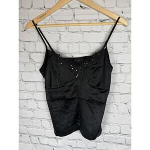 Context Petite Silk Rhinestone Babydoll Tank Black Y2K 4P Camisole Cami Lace